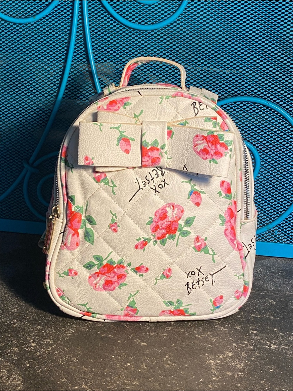 Adorable Betsey Johnson small back pack,white quilted,pink floral/logo print